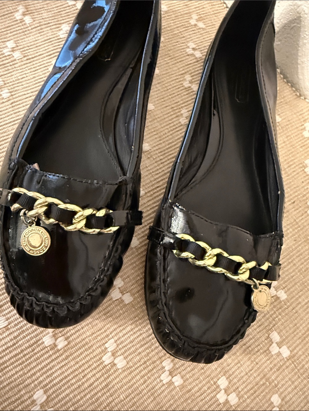 Coach Black Patent Leather Chain Link Ballet Flats Moc Toe Shoes 8 - Picture 5 of 16